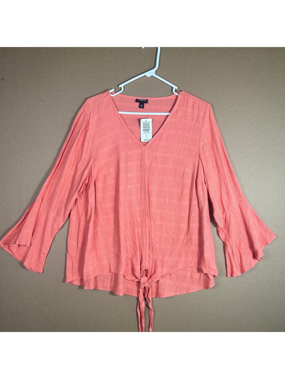 NWT Torrid Womens Blouse Large Coral V-Neck Bell Sleeves Top Knit Tie Front Boho
